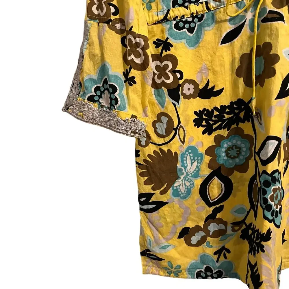 Rungolee Womens Yellow & Blue Floral 3/4 Sleeve Beach Cover Up S